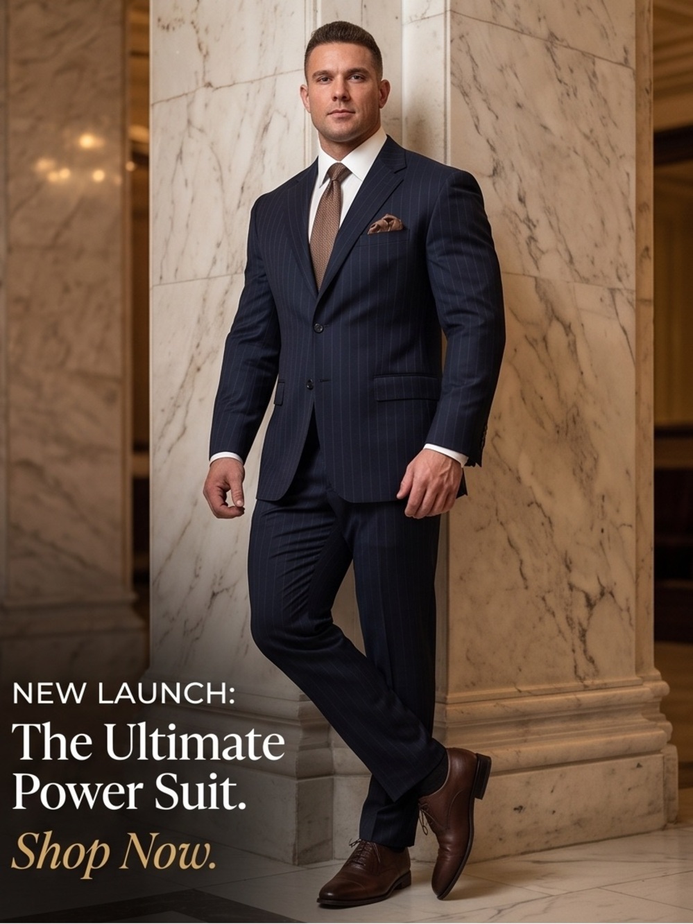 Men's Navy Pinstripe Two-Piece Suit with Brown Accessories